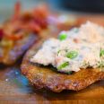 Hash browns with trout mousse and bacon snack